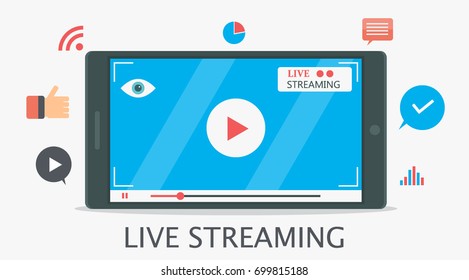 Live streaming, live video, video player, on-line video flat vector banner illustration with icons