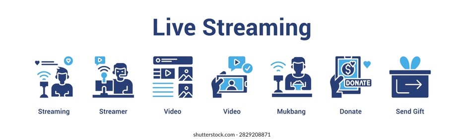 Concepto de Ilustración vectorial de ícono de Anuncio de Web de transmisión en vivo para negocios con ícono de transmisión, Streamer, ^, Mukbang, Donar.