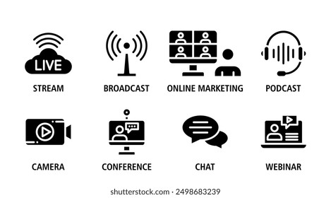 Ilustración vectorial de conjunto de iconos de Web de transmisión en vivo. El conjunto es un trazo editable. Zoom de reunión en línea de transmisión por secuencias. Podcast auriculares cámara conferencia de internet chat grabación de un símbolo de icono de seminario web