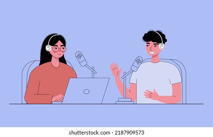 Live Streaming, Webcast, Podcast Vector Flat Illustration. Two People In Headphones Talking In Studio. Man And Woman Recording Podcast. Cartoon Character.