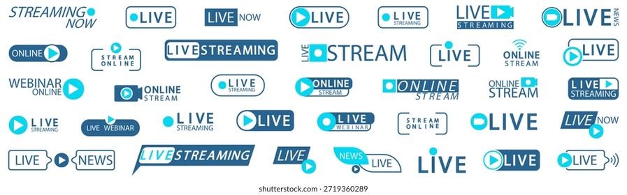 Conjunto de insignias de transmisión en vivo y seminario web. Video Etiquetas de difusión en línea para plataformas de medios