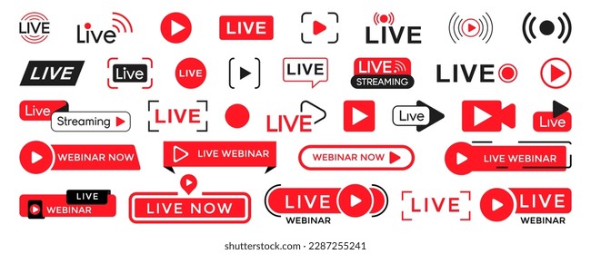 Live streaming, webinar icon collection. Set of red live streaming, webinar symbol