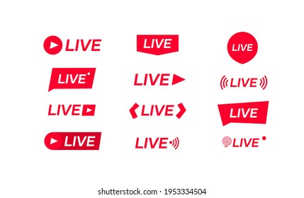 Live streamong icons. Red live buttons isolated on white background. Vector illustration