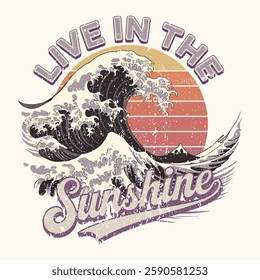 live in the sunshine. Sunshine beach artwork. Beach vibes artwork. Here comes the sun. Sunshine paradise on mind vector graphic. Sunshine vector t-shirt design. Summer vibes artwork. Sunny days.