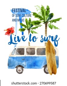 Live To Surf Watercolor Poster In Retro Style