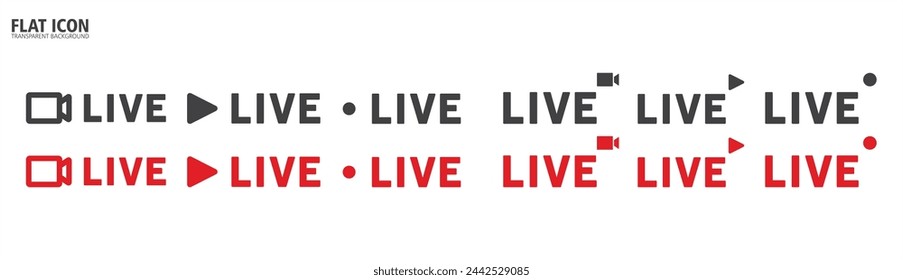 Símbolo en vivo, Conjunto de iconos de transmisión en vivo. Icono plano y botones de transmisión en vivo, transmisión, transmisión en línea.  Icono de vector en vivo en fondo transparente.