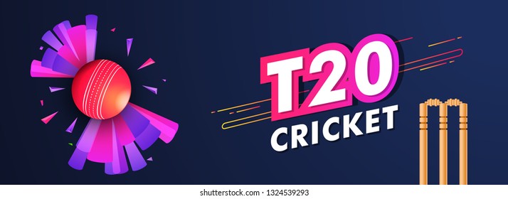 Live T20 cricket header or banner design with cricket ball and wicket stumps illustration on blue background for advertising concept.