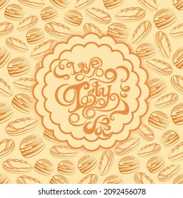 Live tasty and enjoy fast and high-quality food, saving precious time, on colored background, vector illustration, seamless pattern, inscription by lettering style