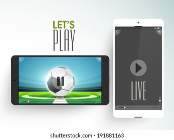 Live telecast of football match online, soccer ball on ground in mobile screen.