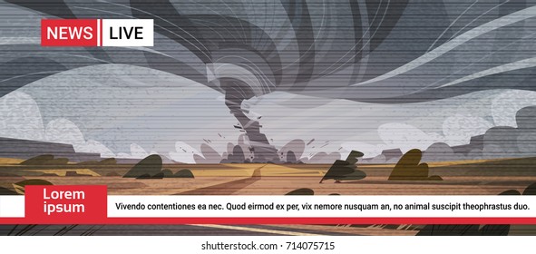 Live Television Broadcast Of Tornado In Countryside Hurricane Landscape Of Storm Waterspout Twister In Field Natural Disaster Concept Flat Vector Illustration