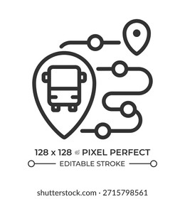 Icono de línea perfecta de píxeles de seguimiento en vivo. Planificador de viajes App. Planificación del viaje. Navegación en transporte público. Ilustración vectorial aislada. Símbolo de contorno. Dibujo lineal simple. Trazo editable
