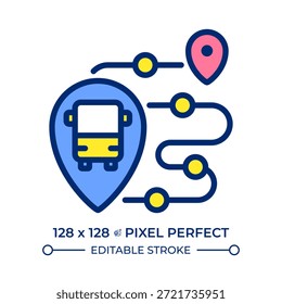 Icono de color de línea perfecta de píxeles de seguimiento en vivo. Aplicación de planificador de viajes. Planificación del viaje. Navegación en transporte público. Ilustración vectorial aislada. Diseño de símbolo colorido plano. Trazo editable