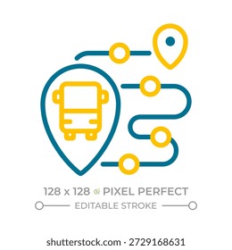 Píxel de seguimiento en vivo perfecto icono de línea de dos colores. Planificador de viaje. Planificación del viaje. Símbolo de contorno bicolor de navegación de transporte público. Pictograma lineal duotono. Ilustración aislada. Trazo editable