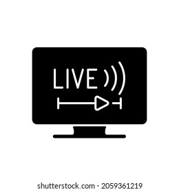 Live TV black glyph icon. Online TV service. Live television. Programs broadcasting in real-time. Streaming television over Internet. Silhouette symbol on white space. Vector isolated illustration