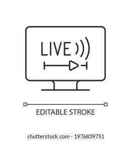 Live TV linear icon. Online TV service. Live television. Programs broadcasting in real-time. Thin line customizable illustration. Contour symbol. Vector isolated outline drawing. Editable stroke