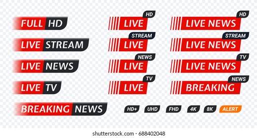 Live TV News Red Tag Icon With Video Symbol Of Live Broadcasting, Full Hd, Live Stream. Black Tag Labels Of Hd, Uhd, Fhd, 4k, 8k. Vector User Interface Design For Video Blog