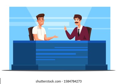 Live tv news show presenter interviewing man guest interlocutor in broadcasting production studio. Interview on television. Cartoon talking people characters sitting at desk. Vector flat illustration