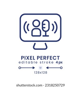 Live TV podcast linear desktop icon. Streaming media. Talk show. Online interview. Pixel perfect 128x128, outline 4px. GUI, UX design. Isolated user interface element for website. Editable stroke