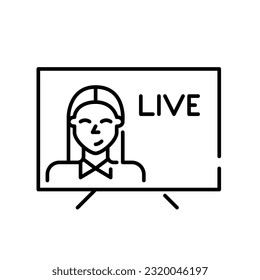 Live TV report. Woman reporter presenting news. Pixel perfect, editable stroke