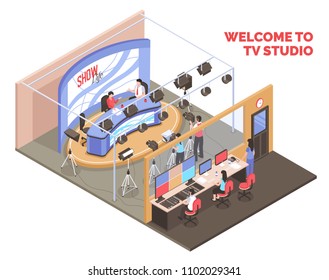 Live Tv Show With Two Anchormen Broadcasting From Studio Isometric Concept On White Background 3d Vector Illustration