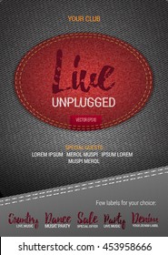 Live Unplugged Music flyer or banner with denim background. Vector template with denim label. Caption thread. Print