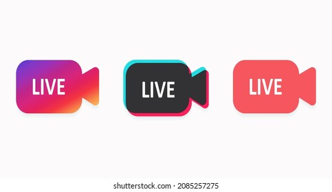 Live video camera icons set. Colored buttons for live broadcast, online broadcast, blog and stream. Vector illustration 