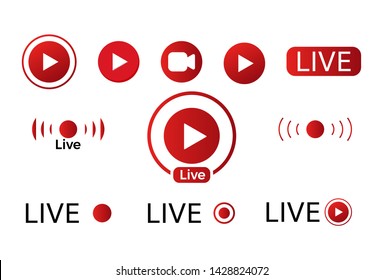 Live Video Icon. Red Broadcast Logo Set .