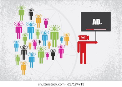 Live video and online marketing concept. Live icon head on the body who holding ad banner and colorful viewer with view eye icon on their head.