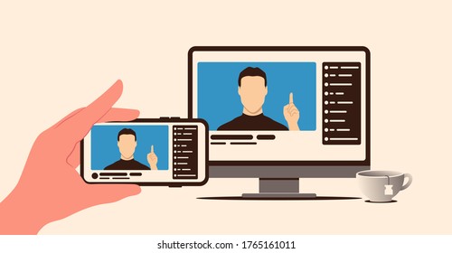 Live video stream between smartphone and computer monitor in flat style.  Online broadcast in app digital device 