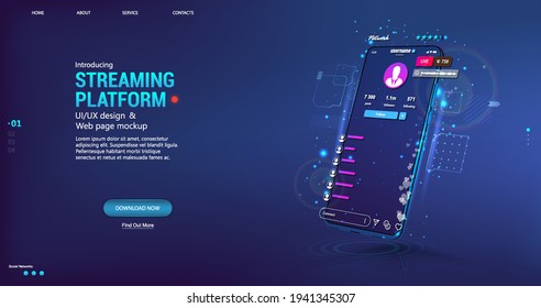 Live video stream on mobile phone. Online broadcast with chat, likes and emoji. Video stream online on smartphone with user interface app - streaming platform. Mobile phone with UI flat. Vector 