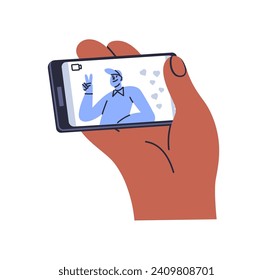 Live video stream on mobile phone screen. Watching vlog, vlogger online, holding smartphone in hand. Watch blogger in internet, social media. Flat vector illustration isolated on white background