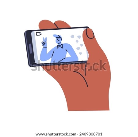 Live video stream on mobile phone screen. Watching vlog, vlogger online, holding smartphone in hand. Watch blogger in internet, social media. Flat vector illustration isolated on white background