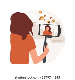 Live video streaming app isolated cartoon vector illustration. Teen blogger recording vlog with special live streaming app, holding phone on selfie stick to shoot video vector cartoon.