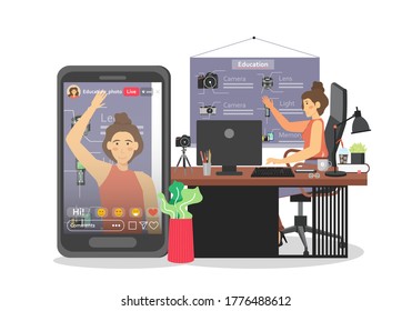 Live video streaming from desktop computer, smartphone, vector illustration. Online courses, training, classes, blogging, remote teaching. Mobile live streaming app.