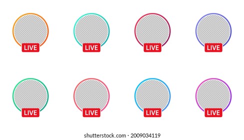 Live video streaming icon set. Round profile frame in different colorful gradient. Live stream icon for social media, bloggers, streamers, mobile app, ui, ux. Vector illustration