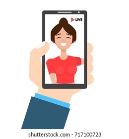 Live Video Streaming . Smartphone in hand. Social media concept. Vector illustration in a flat style.