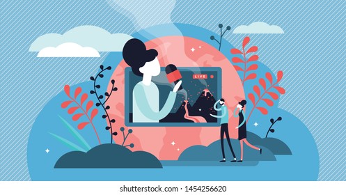 Live video vector illustration. Flat tiny TV media stream persons concept. Online entertainment and news channel occupation and profession. Record broadcast and play program on television network.