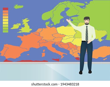 Live weather television studio with anchorman reporting on weather forecast, vector illustration