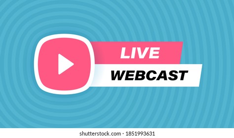 Diseño de insignias webcast en vivo con botón de reproducción aislado en fondo geométrico en colores azules. Ilustración vectorial moderna de estilo plano.