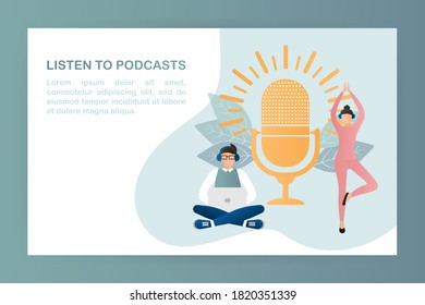 Live webcast in flat style with people. Listen to podcast. Flat illustration. Vector illustration.