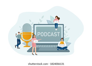Live Webcast in flachem Stil mit Menschen. Hör auf Podcast. Flache Illustration. Vektorgrafik.