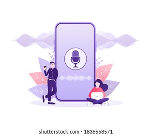 Ilustración conceptual vectorial de jóvenes con asistente de voz, reconocimiento de altavoces, altavoz inteligente controlado por voz.