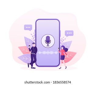 Live webcast in flat style with people. Listen to podcast. Flat illustration. Vector illustration.