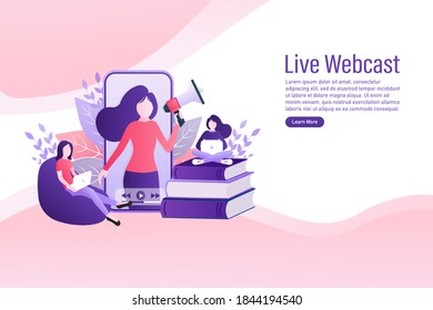 Live webcast in flat style with people. Listen to podcast. Flat illustration. Vector illustration.	
