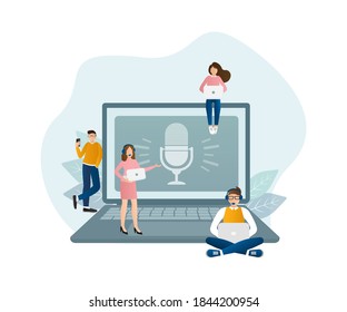 Live webcast in flat style with people. Listen to podcast. Flat illustration. Vector illustration.	
