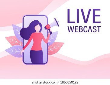 Live webcast in flat style with people. Listen to podcast. Flat illustration. Vector illustration.