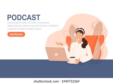 Live webcast in flat style with people. Listen to podcast. Flat illustration. Vector illustration.