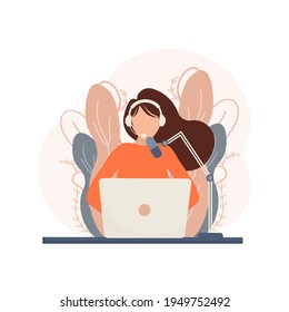 webcast en vivo con gente de estilo llano. Escucha podcast. Ilustración plana. Ilustración vectorial.