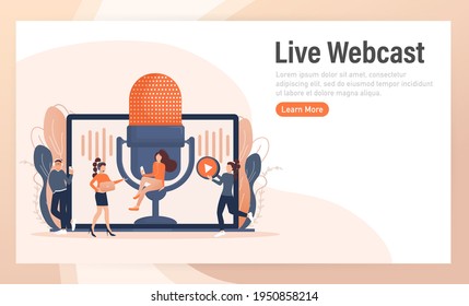 webcast en vivo con gente de estilo llano. Escucha el concepto de podcast. Ilustración plana. Ilustración vectorial.