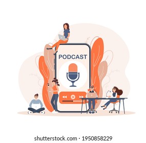Live webcast in flat style with people. Listen to podcast concept. Flat illustration. Vector illustration.